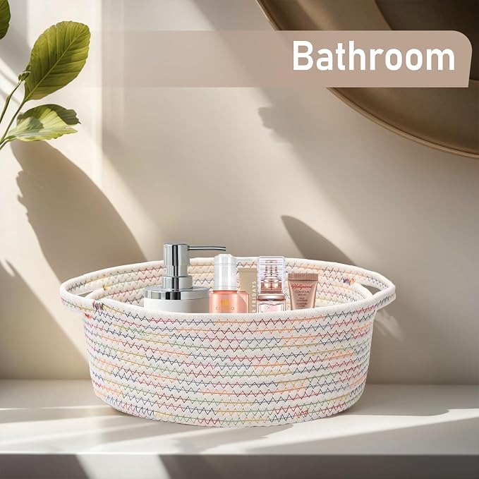 JMvicyroam Small Woven Basket, Empty Gift Basket, Colorful/1 Pack | Small Gift Basket, Cotton Rope, 12 x 8 x 48 in, Handles, Includes Ribbon and Bag, Birthday Gift Basket