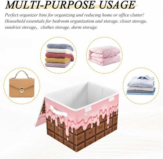 Fabric Storage Bins with Lid Chocolate Love Closet Storage Basket 40L | Decorative Storage Boxes, Foldable & Stackable, Dust-Proof Flip Top, Reinforced Handles, For Home & Dorm, Clothes & Toy Box