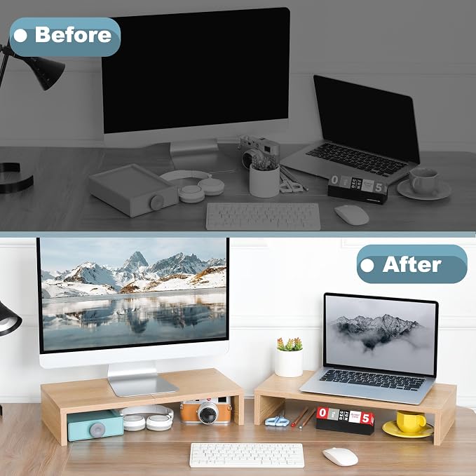 TEAMIX 2-Pack Monitor Stand Riser 20 inch, Wood Desk Computer Shelf, Maple | For 2 Monitors, Laptop, Printer, TV, PC, Keyboard Storage, Space-Saving, Ergonomic, Organizer for Home Office Gaming Vanity