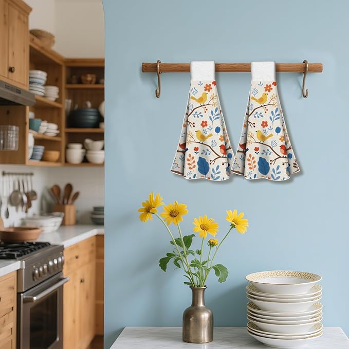 CUTHOLLOW Cartoon Flower and Bird Hanging Kitchen Towels with Loop, Set of 2 - Soft & Super Absorbent Microfiber Decorative Hanging Dish & Hand Towel, Tea Coffee Towel for Kitchen Bathroom Oven Handle