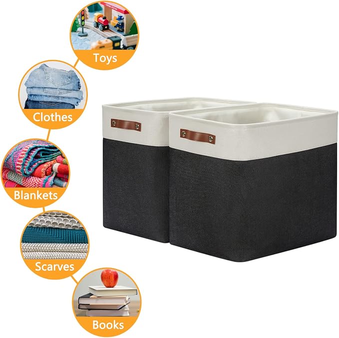 DULLEMELO Extra Large Storage Baskets, Fabric Storage Bins for Organizing Shelves Nursery Toys Books, Closet Baskets and Bins with Handles, White&Black 2-Pack