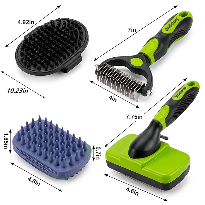 PETIMP STORE 4PCS Self Cleaning Slicker Brush, Pet Grooming Rake, Bath Brush & Massage Brush for Short/Long Haired Dogs, Cats & Horses, Pet Grooming Deshedding Tools - Pet Supplies (Green Black)