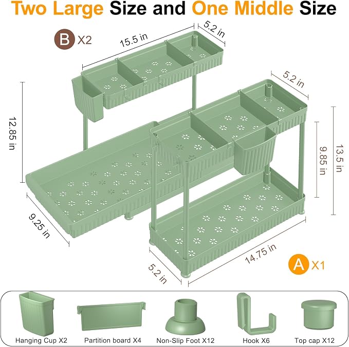 3-Pack 2-Tier L-Shaped Under Sink Organizers with Sliding Drawers | Multi-use kitchen & bathroom storage, 12.85 inch green cabinet organizer, space-saving sliding drawer design.