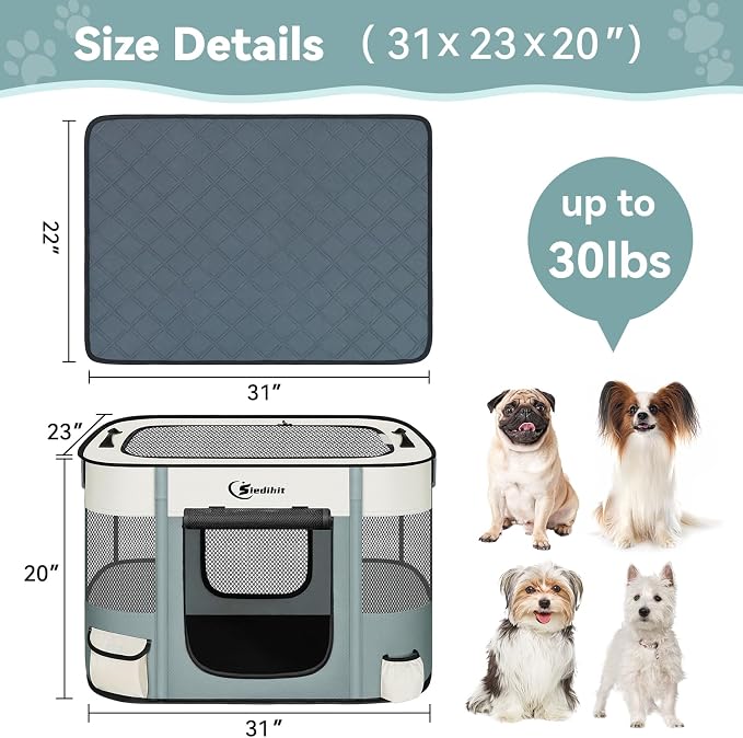 Siedihit 31" Dog Playpen,Cat Puppy Pen, Pet Portable Crate Indoor Outdoor | Durable Travel Camping Use,Foldable Dog Kennel Tent Cage for Rabbit Small Animals with Carrying Case(Grey with Pad, Medium)