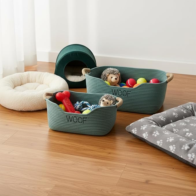 Morezi Dog toy basket 2 pieces woven dog toy bin low in front organizer storage collecting puppy combs shampoo brushes towel grooming stuff in bathroom playroom closet Green