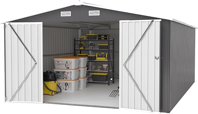 10x14 FT Outdoor Metal Storage Shed, Large Storage Shed with 3 Lockable Doors, 4 Air Vents & Sloped Roof, Utility Tool Shed for Backyard, Patio, Lawn, Dark Grey