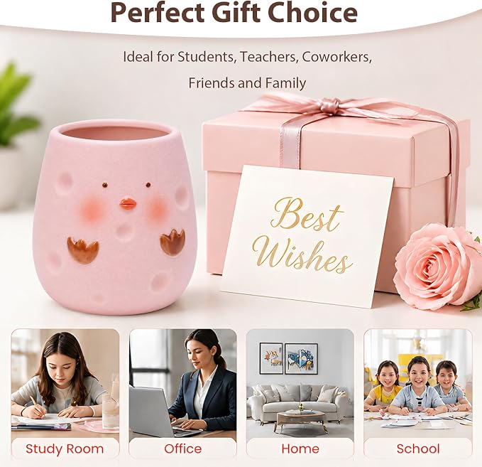Ceramic Chicken Shaped Pen Pencil Holder for Desk Decoration Accessories Chicken Decor Makeup Brush Pen Cups Succulent Plant Pot Office School Ideal Gifts for Women, Mom or Birthdays (pink)