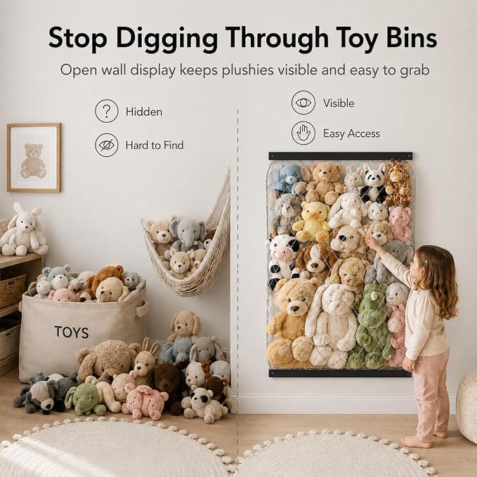 Stuffed Animal Storage Net, Elastic Stuffed Toy Holder,Door/Wall Mount Length Adjustable Hanging Soft Toy Organizer, Plushie Net for Nursery Play Room-Black Boards