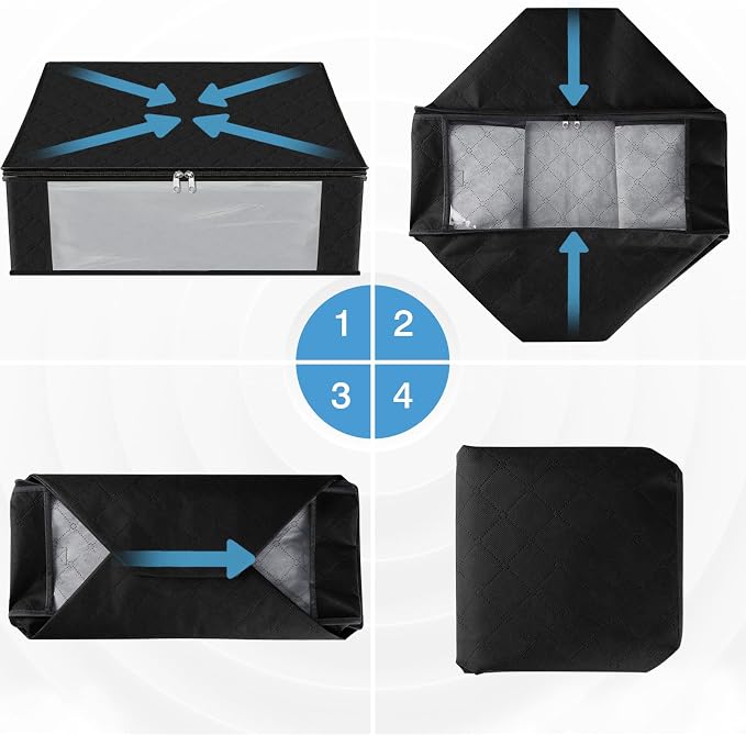HomeHacks 6-Pack Clothes Organizer Storage Bags Foldable Storage Box with Large Clear Window Sturdy Handles for Closet, Dorm, Pillows, Bedding, Clothes, Stuffed Toys, Blankets, 35L, Black | Foldable Storage Box Container with Zippers, Clear Window, Rei...