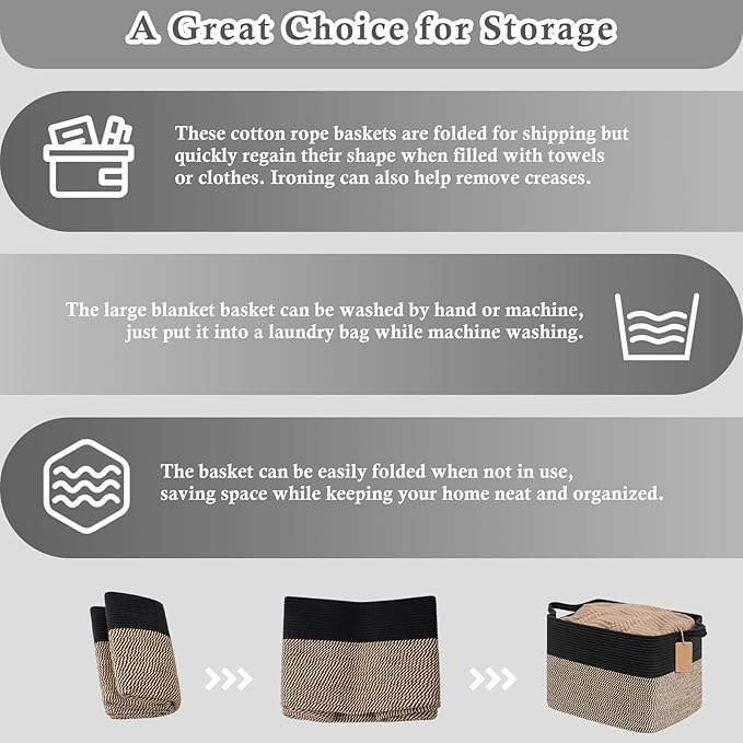 Goodpick 50L Large Woven Storage Basket for Organizing, Black & Jute | 18" × 14" × 12" Stylish Gift Basket for Living Room & Bedroom Organization, Wicker Baskets for Shoes & Toys Storage
