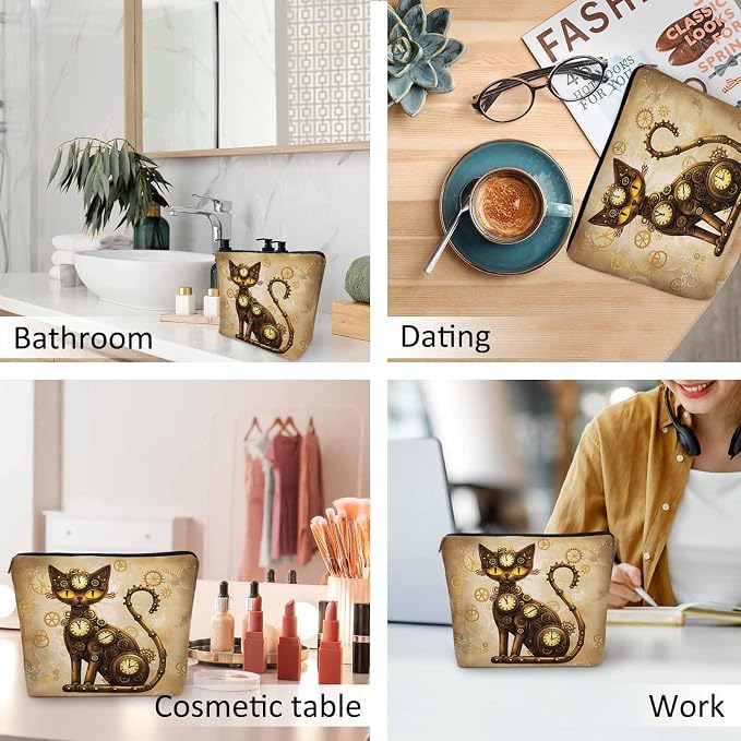 Steampunk Cat Makeup Organizer Bag Cosmetic Bag For Men Women, Brown Gearwheel Clock Steampunk Cat Travel Toiletry Bag Flax Makeup Bags Purse Business Makeup Pouch For Toiletries Cosmetics