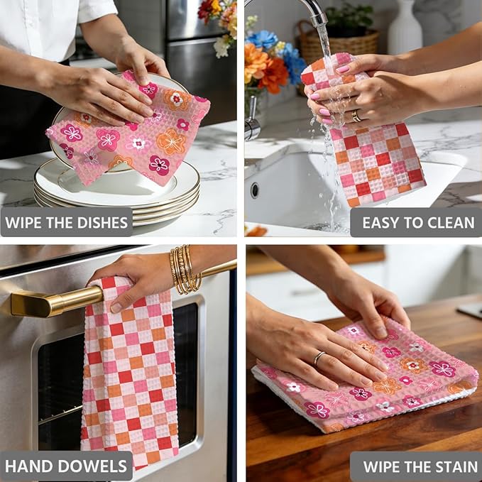2PCS Abstract Flower Gingham Kitchen Towels 14x24 Inch, Absorbent Microfiber Decorative Dish Cloth Tea Towel, Floral Waffle Hand Towels for Kitchen Home Bathroom, Housewarming Gifts for Women