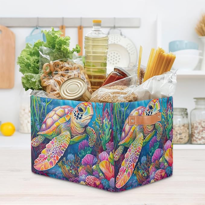 Pardick Colorful Sea Turtle Basket Storage Bins Large Fabric Toys Storage Cube Box with Handles Collapsible Closet Shelf Cloth Organizer Basket for Nursery Bedroom Bathroom Holiday Gift