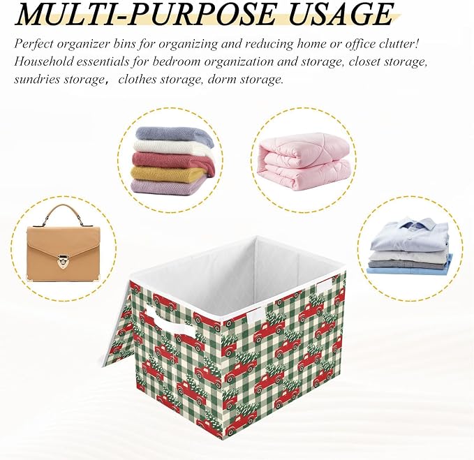 Christmas Red Truck Storage Bins with Lids Closet Bedroom 40L Fabric Bin | Decorative Storage Boxes, Foldable & Stackable, Dust-Proof Flip Top, Reinforced Handles, For Home & Dorm, Clothes & Toy Box