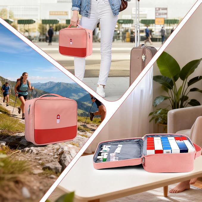 First Aid Bag Empty Medicine Bag Portable Medical Supplies Organizer Bag for Home Traveling Outdoor Hiking Camping Backpacking Cycling (Pink)