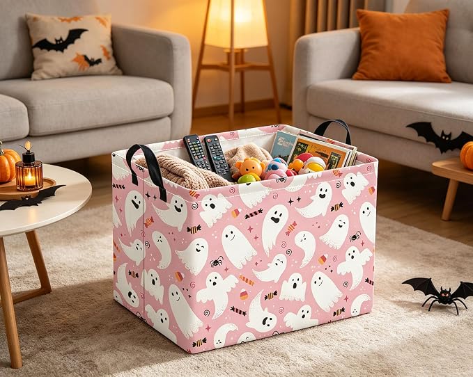 Rectangular Halloween Basket for Boys and Girls Kids Trick or Treat Pumpkin Basket for Halloween Parties Cute Storage Bin Organizer Box Room Decor(Pink Halloween)
