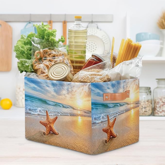 Pardick Beach Basket Storage Bins Rectangle Canvas Basket Cube Storage Box | Nursery Foldable Basket with Handle for Kids Girls Boys Toys Living Room Closet Organizer Shelf Gifts Starfish Nautical