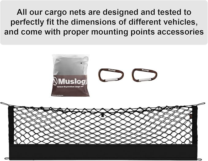 Muslogy Cargo Net for Toyota RAV4 2013-2018 Accessories | Custom Fit, Trunk Storage Organizer Net for SUV Sedan Van Divider, with Heavy Duty Carabiners, Night Visible Grab Handle