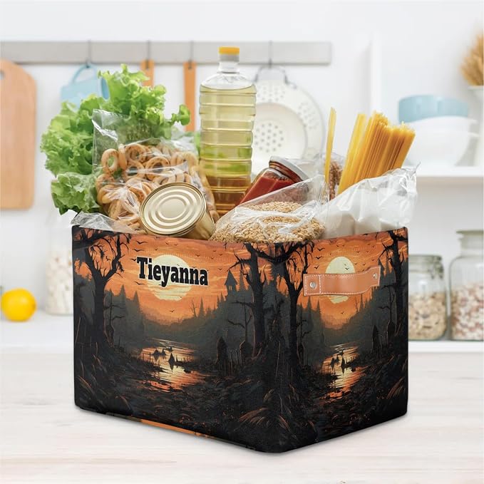 Personalized Kids Toy Box with Name, Happy Halloween Custom Nursery Baskets Cubes Bins, Kids Custom Storage Basket Laundry Baskets Organizer with Handles