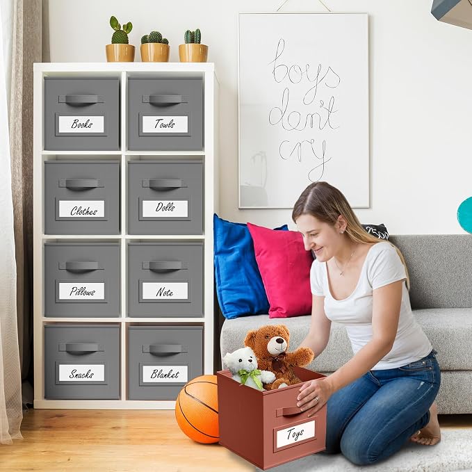 Teenyyou 10 Pack Fabric Storage Cubes 13 Inch Collapsible Cube Bins with Label Window & Handle Foldable Organizers Baskets for Shelf Closet Nursery Kids Room Clothes Book Toy(Gray)