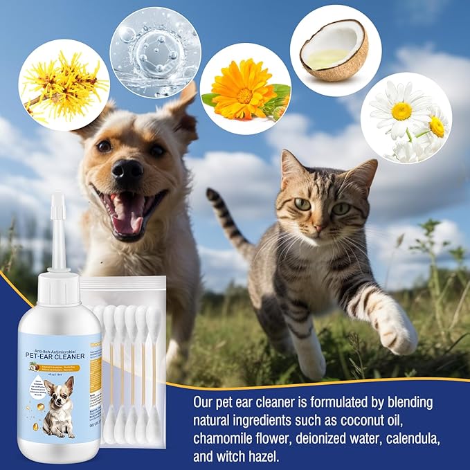 Ear Cleaner for Dogs and Cats 4 oz, Gentle and Non Irritating Dogs Ear Infection Treatment, Itch Relief Pet Ear Drops,Dog Ear Wash Removes Wax, Odor with 10 Cotton Swabs