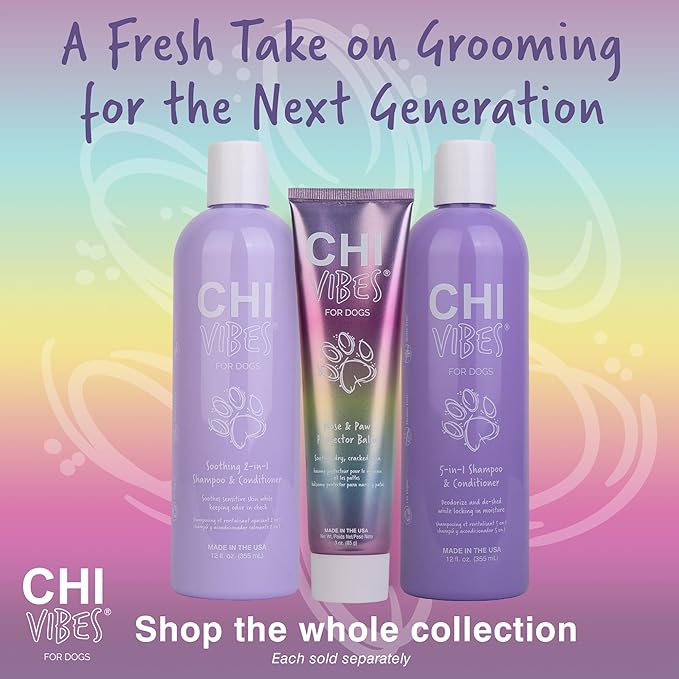 CHI Vibes for Dogs 5-in-1 Shampoo & Conditioner, Cleans + Deodorizes + Moisturizes + Detangles + Helps De-Shed, Vegan pH Balanced, Gluten & Paraben Free, Made in USA, 12 Fl Oz