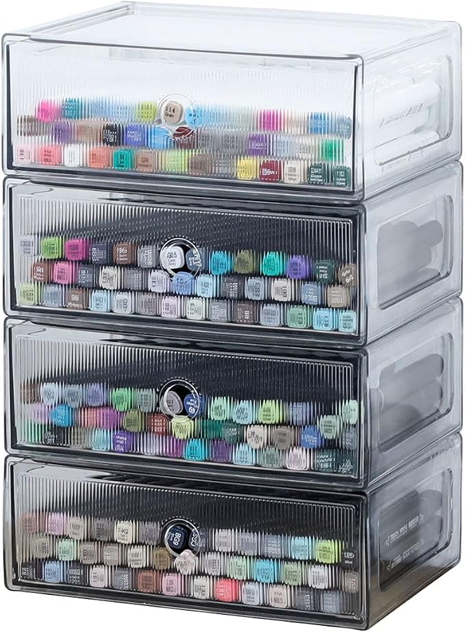 Clear Desk Drawer Organizers, 4 Drawers, Plastic | Stackable Desk Organizers and Accessories, For Marker Pen, Pencils, Stationery, For Home Office, Bathroom, Kitchen