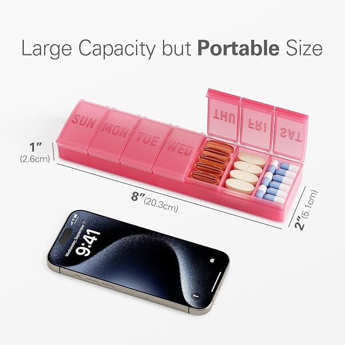 Barhon Pill Organizer Large, Weekly Medicine Pill Organizers, 7 Day Pills Box Case Travel for Big Vitamin Supplements Fish Oil, Red