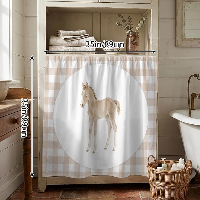 Graceful Pony Cabinet Dishwasher Hidden Curtains, Privacy Closet Door Curtain, Natural Horse Modern Farmhouse Plaid Rustic Adhesive Dust Proof Under Sink Skirt for Bathroom Kitchen 35"x35"