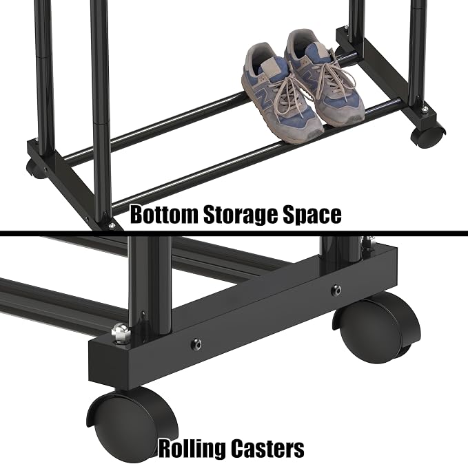 Simple Houseware Double Rods Clothing Hanging Rack on Wheels, Black | Metal Rolling Garment Rack