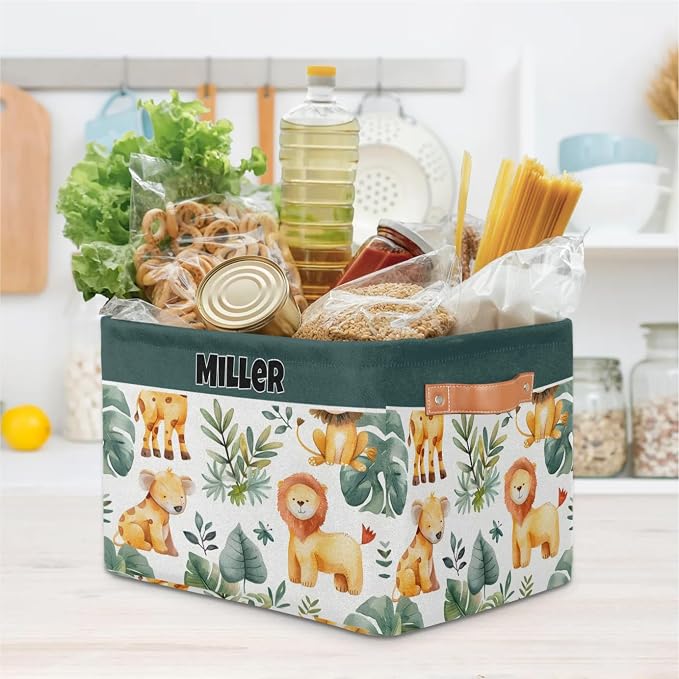 Custom Rectangular Baby Storage Basket, Kids Toys Bin, Books Shelf Basket, Clothes Towel Storage Bin for Nursery, Gift Basket, Pet Basket, Watercolor Leaf Animal Lion Koala