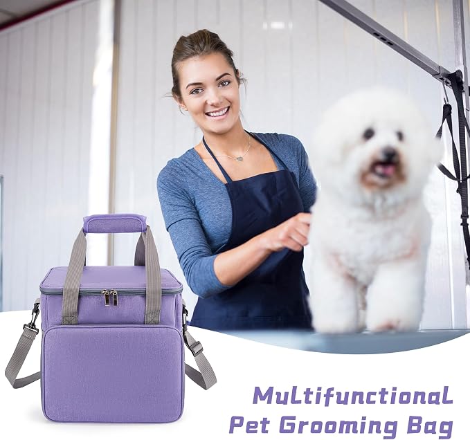 SMYV Pet Grooming Bag for Dog Grooming Supplies, Dog Tote Travel Bag for Pets Grooming Tools Kit Accessories - Light Purple