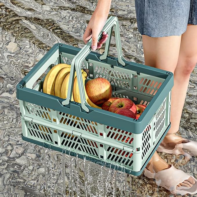 Domiella 2-Pack Foldable Storage Baskets, 20L Collapsible Crates PP Blue | Comfortable carry handles, space-saving design, sturdy PP construction for home storage shopping camping and picnics