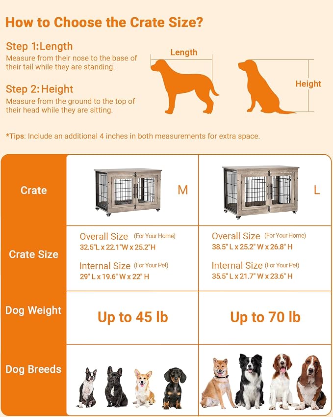 YaFiti Dog Crate Furniture, 32.5” Wooden Indoor Dog Kennel, 2 Pack, Grey | Cushion, Wheels, Double Doors, Furniture Style, Side End Table, Decorative Pet Cage House, Up to 45 lb, for Small/Medium Dogs
