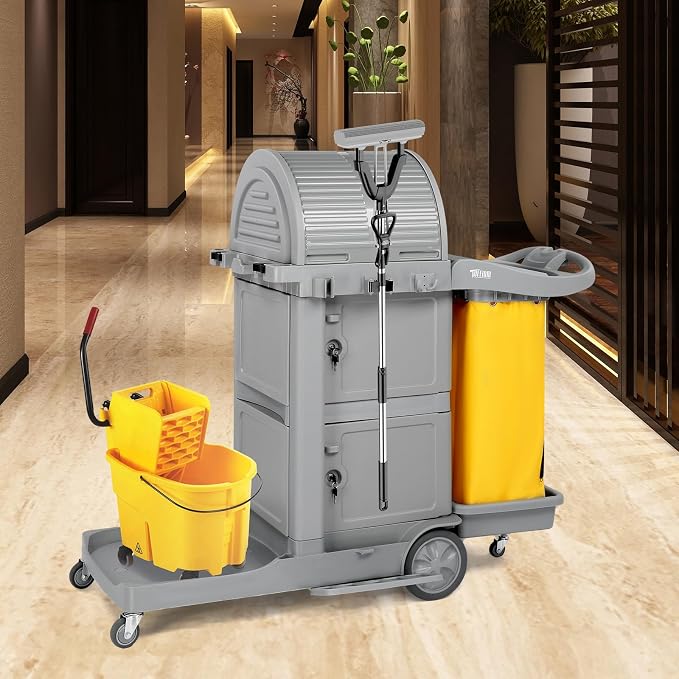 TUFFIOM Janitorial Cart on Wheels, 3 Shelf Commercial Cleaning Cart with Key Locking-Cabinet, Grey Housekeeping Cart with Locker and Cleaning Bag, for Hotel, Business, Office, Stadium Use