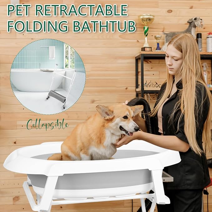 2 in 1 Dog Bathtub Dog Washing Station with Storage Rack Foldable Pet Bath Tub for Bathing and Grooming Collapsible Portable Cats Shower Bathtub with 3 Gears Adjustment & 4 Casters Grey