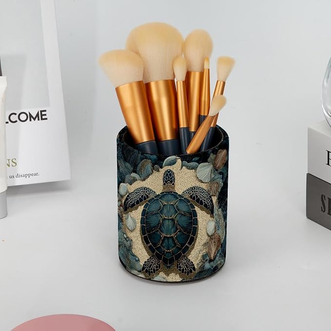Faux Leather Pen Holder for Desk, Pencil Organizer Sea Turtle Pen Cup Desk Decor Makeup Brush Holder Storage for Office Home