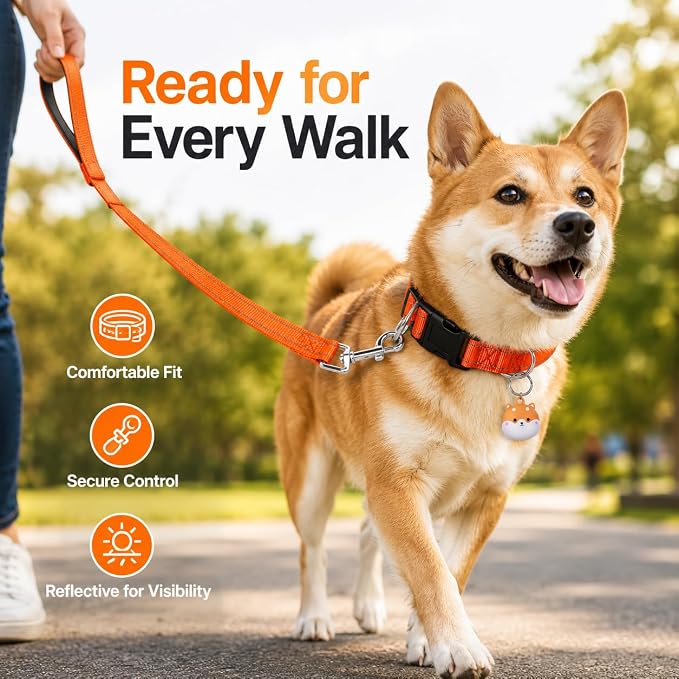Reflective Soft Neoprene Padded Matching Dog Collar with Leash Airtag Holder Case Set Safety Breathable Adjustable Nylon Dog Collars for X-Small Small Medium Large Dogs-Orange-L