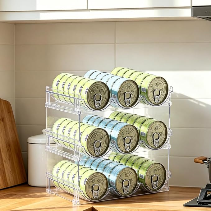Cat Can Storage Organizer for Pantry, High Clear Acrylic Dog Canned Food Storage Rack 2 Tier Stackable Shelf for Pet Cans Dispenser with Can Cover Lid and Spoon (3 Tier Stackable Pet Can Organizer)