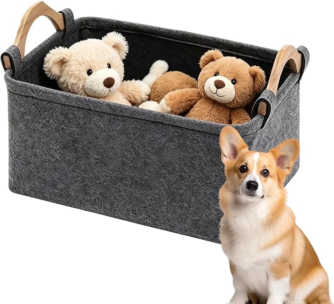 Basket for Dog Toys Felt Cute Foldable Organizer with Wooden Handle | Pet Toy Basket for Kids Blankets Collars Leashes Indoor Outdoor Home Garage Dorm Traveling Laundry Room