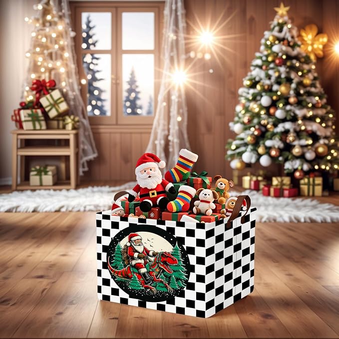 Empty Large Christmas Basket for Gifts Women Collapsible Storage Bin Kids Toy Box Holiday Décor (Checkered Dinosaur)