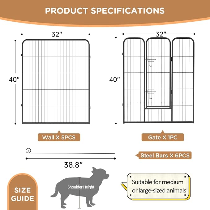 BestPet | Dog Playpen | 40", 6 Panels | Heavy Duty Metal Pet Exercise Pen | Indoor/Outdoor Fence Panels | Rust-Resistant, Removable, Tool-Free Setup | Anti-Skid, Expandable Design