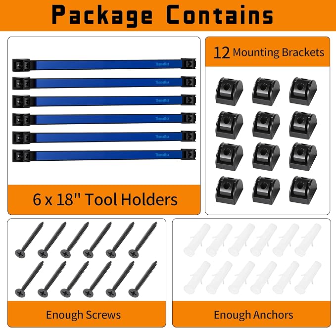 18" Magnetic Tool Holder Strip, 6 Pieces Blue Metal Tool Organizer Rack with Stainless Steel Surface, Magnet Bar for Garage Workshop, Easy To Install with Mounting Screws