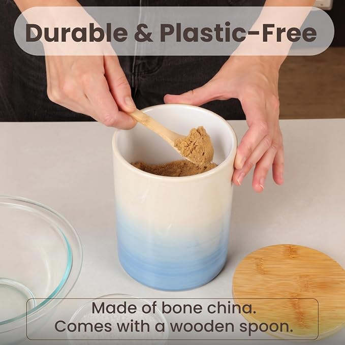 Arthausen Vintage Blue Ceramic Storage Jar Canister for Flour Sugar - Airtight Bamboo Lid w/Silicone Seal, Spoon - Modern Abstract Art Design for Kitchen Counter Bathroom - 4 cup / 1080mL