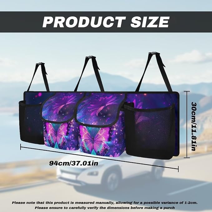 Dreaweet Purple Butterfly Trunk Organizer for Car Women,Large Capacity Car Backseat Hanging Organizer for SUV,Van,Car,Cargo Storage Collapsible with 4 Pockets Adjustable Straps