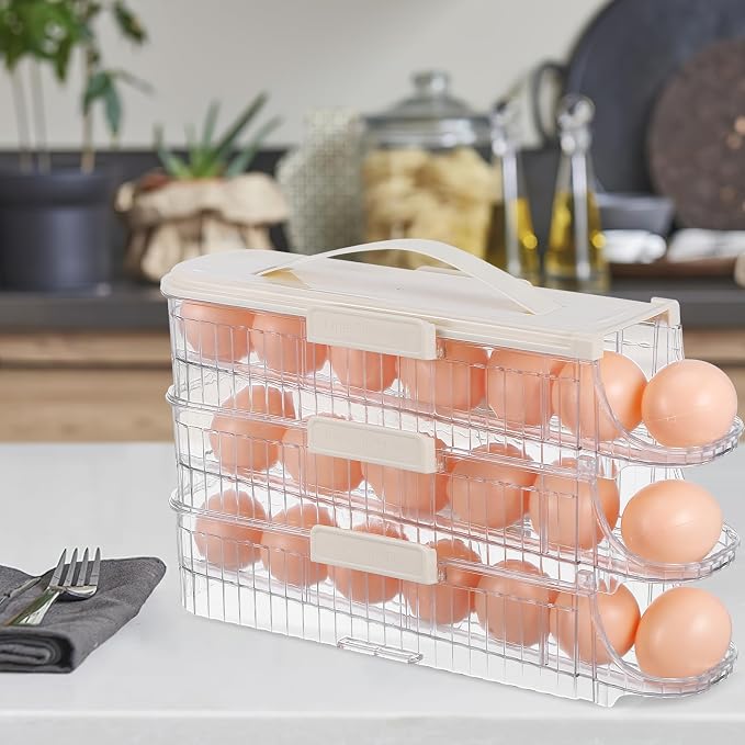 Uonlytech Automatic Rolling Holder Fridge Triple Stackable Organizer Lid Space Saving Refrigerator Storage Tray Kitchen