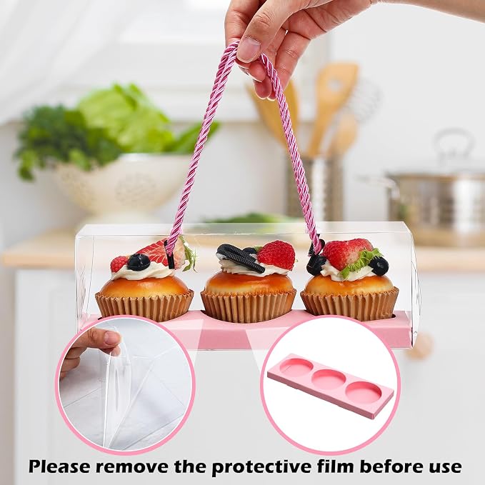 Thenshop 40 Pcs Clear Cupcake Boxes 9x3x3 in 3 Compartment Holder,Pink | Transparent Holders with Handles, Individual Pastry Display for Wedding Graduation Party Favors Cookies Treats Gifts