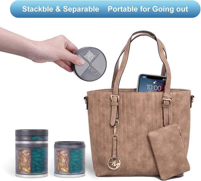 KIGI Extra Large Supplement Organizer and Portable Pill Case with 8 Compartments Double Layers Medicine Dispenser Monthly Vitamins Organizers Pill Bottle, Gray
