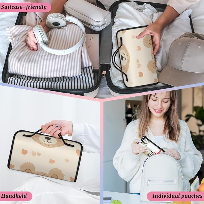 Bear Makeup Bag for Women Hanging Roll-Up Travel Organizer Toiletry Kit with 4 Removable Compartments, Cute Bear