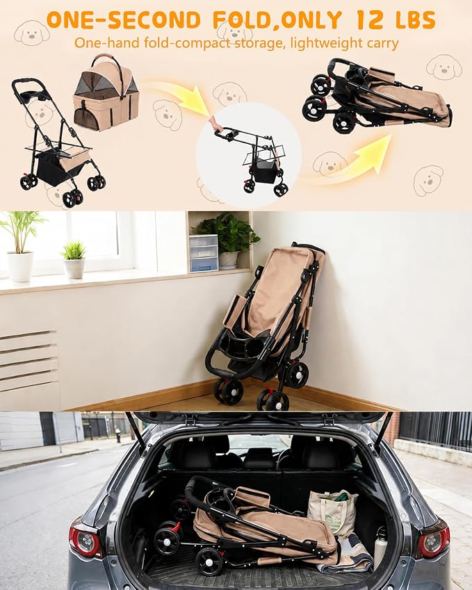 Pet Stroller, 3 in1 Foldable Dog Cat Stroller with Detachable Carrier-Khaki | 35lbs Lightweight Foldable Dog Stroller, All-Terrain 4 Wheels, Compact Travel Pet Stroller for Small to Medium Pets